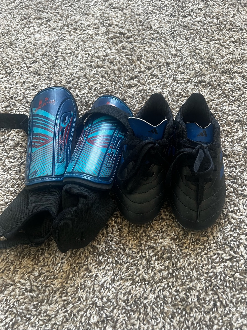 Adidas Black Soccer Cleats with Blue Shin Guards size 10c